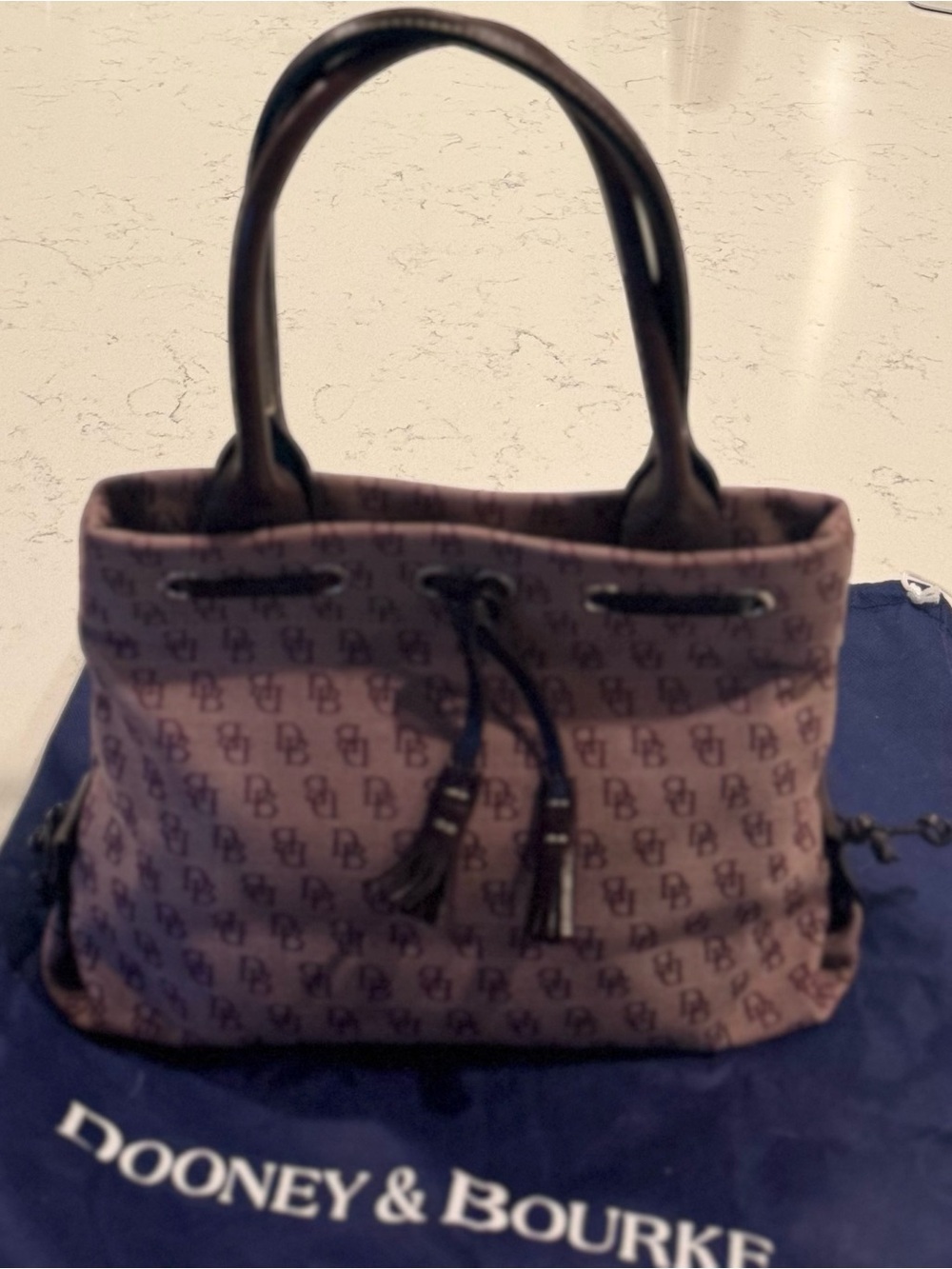 Dooney & Bourke Tassel Tote Bag Purple Signature Canvas Brown Leather - Picture 3 of 11